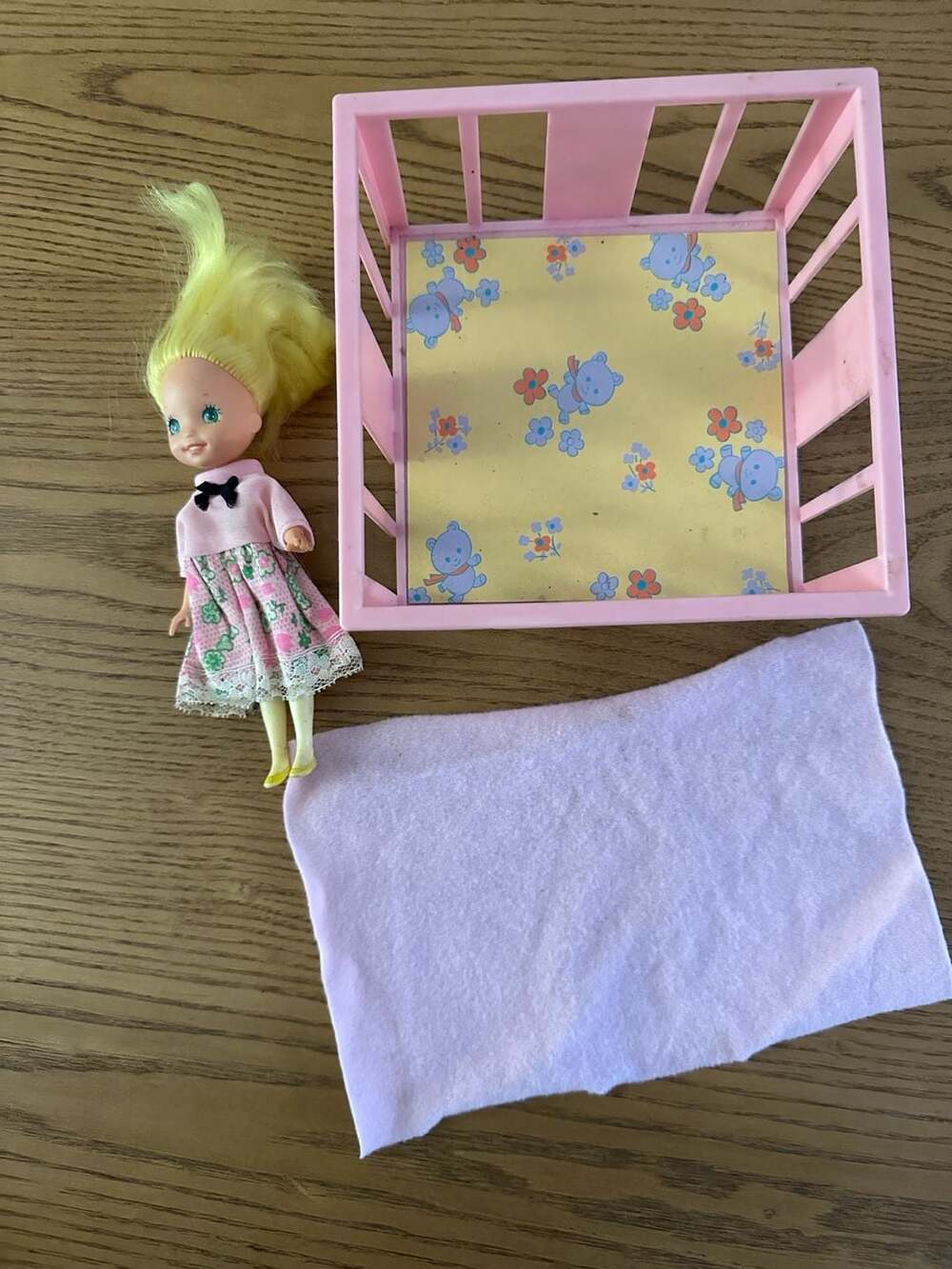 Vintage 1980s Toy Doll with Pink Plastic Crib Playpen and Blanket